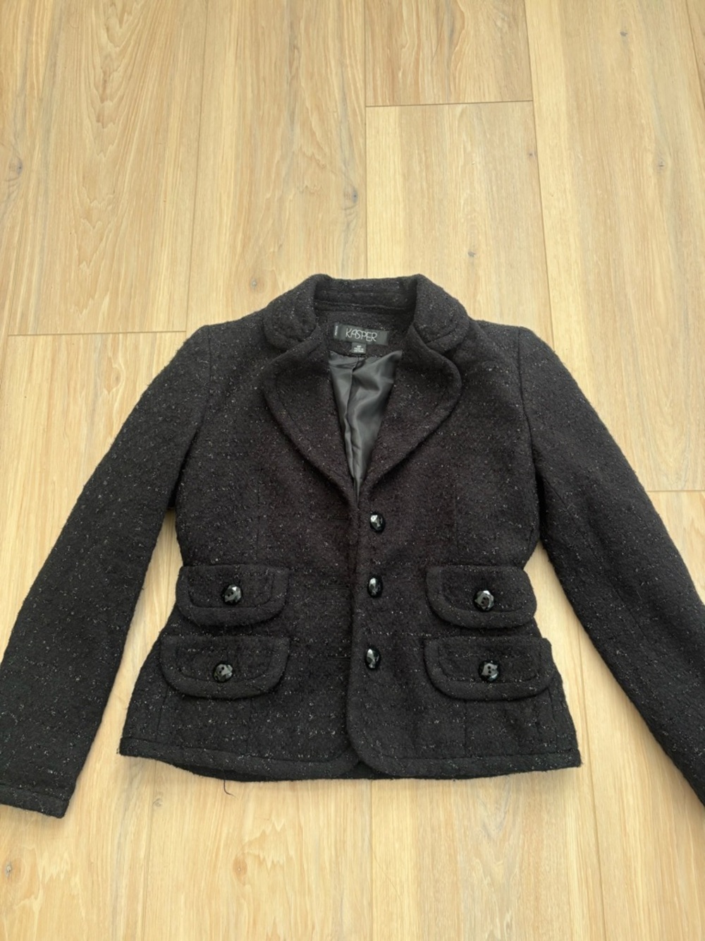 Kasper Petite Black Tweed Blazer Jacket Size 4P Classic Button Front